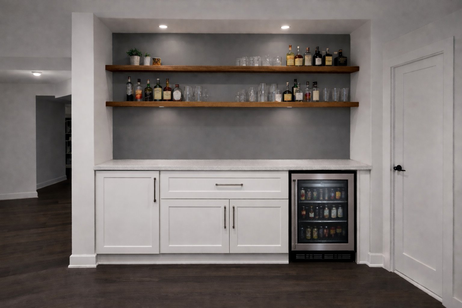 Custom cabinetry + floating shelves